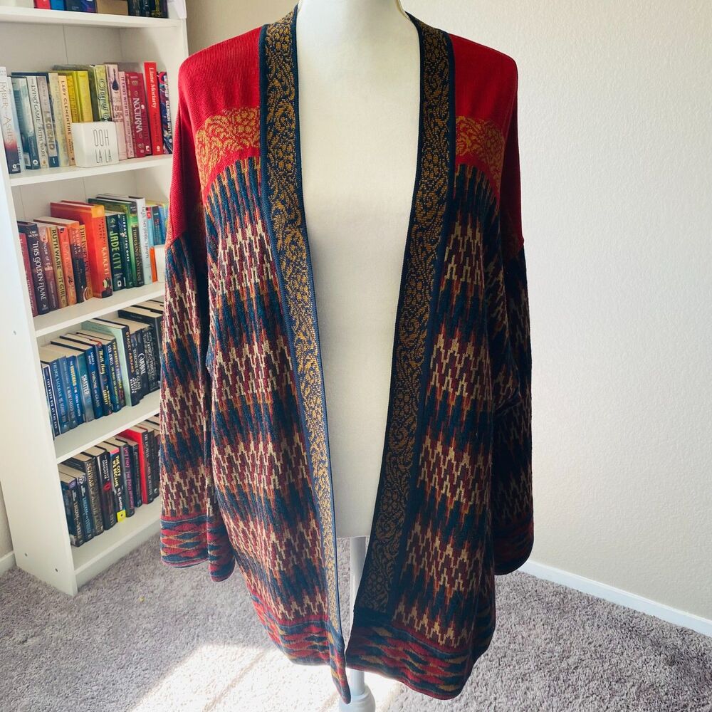 PERUVIAN CONNECTION Red Southwest Pima Cotton Alpaca Wool Knit Cardigan Size XL